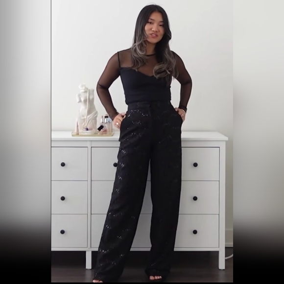 Zara * Limited Edition Black Lace Sequin High Waisted Wide Pants - Picture 13 of 14